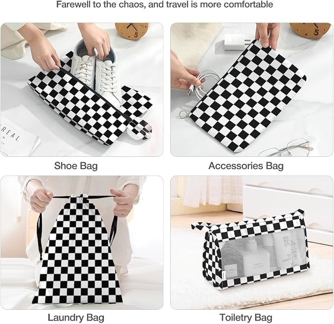 8 Set Packing Cubes for Suitcases,Packing Cube with Shoe, Cosmetics, Clothing, and Accessories Bags Packing Cubes for Travel Luggage Organizer Women Men(Black White Checkered) - Image 5