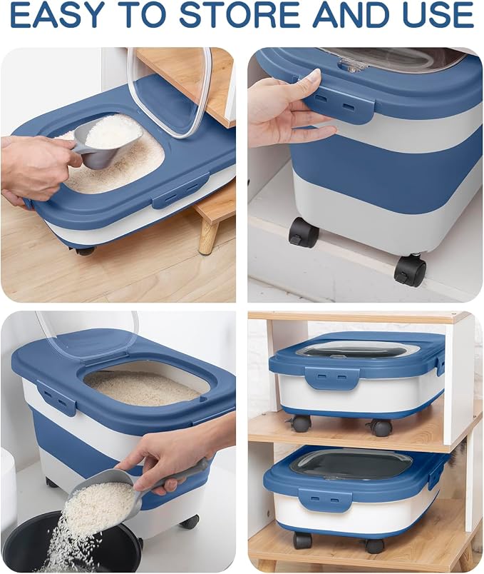 20-30 Lbs Rice Storage Container,Collapsible Food Storage Container | Flour Storage Container with Wheels Airtight Locking Lid,Rice Container Double Seal,Keep Fresh for Pet Food,Rice,Flour - Image 4