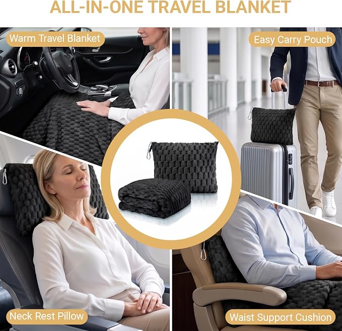 Travel Blanket with Bag, Soft Fleece Portable Airplane Blanket, Black | Soft fleece travel blanket 50x60in grey. 5-in-1: pillow, lumbar support, shawl, hand warmer. Washable, luggage sleeve, clip. - Image 4