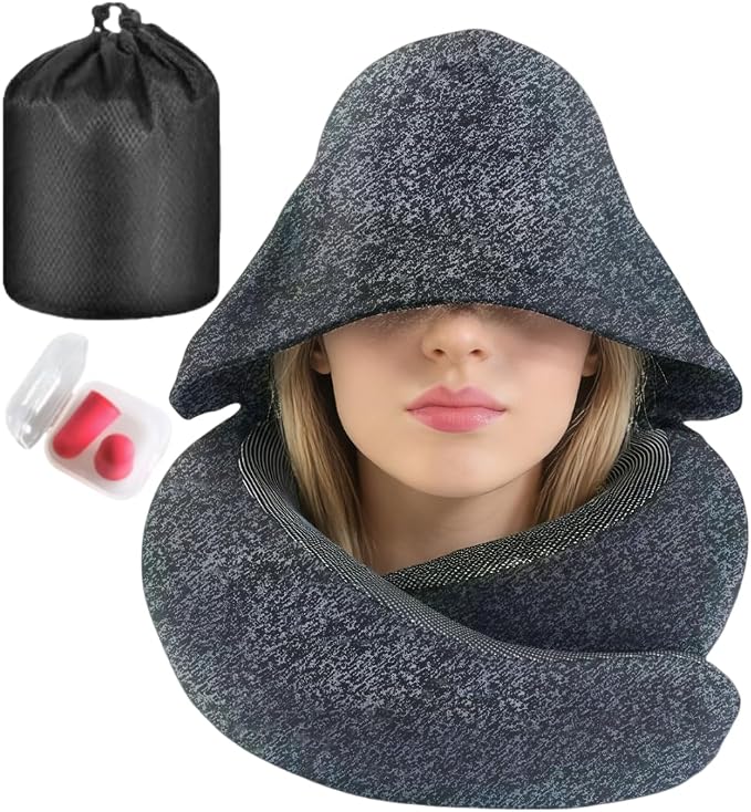 Travel Neck Pillow with Extra Large Hood Rollable Airplane Hooded Neck Pillow with Memory Foam Filling and Removable, Skin-Friendly Cover with a Carrying Pouch (Cationic) by ILYISFMTY