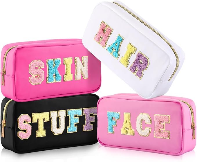 Preppy Makeup Bags Chenille Letter Stuff Bag Nylon Cosmetic Pouch Cases with Zipper for Women Travel Toiletry(Cute Color,Vivid,4 Pcs) by Cunno