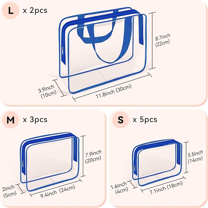 TISRATOK 10 PCS Clear Travel Bags for Toiletries, Clear Makeup Bags（Blue） | 3 Size plastic clear bags with zipper handbag, TSA approved cosmetic pouch for travel, swimsuit,toy storage bags - Image 2