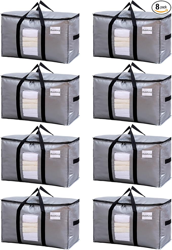 TAILI 8 Pack Silver Extra Large Moving Bags,Storage Bag with Visible Window | 93L Heavy Duty Totes For Storage,Wrap Around Handles,Alternative to Moving Boxes, College Dorm,Perfect for Moving by TAILI
