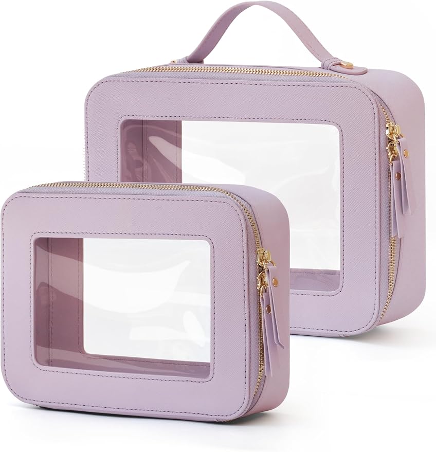 Clear Toiletry Bag 2 Pack, Travel Makeup Bag Medium & Large Purple | Structured Clear Cosmetic Case with Zipper, Car Essential Organizer Bag for Women, Waterproof PU Leather, Wide Open Portable by POPVIBE
