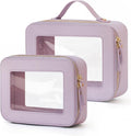 Clear Toiletry Bag 2 Pack, Travel Makeup Bag Medium & Large Purple | Structured Clear Cosmetic Case with Zipper, Car Essential Organizer Bag for Women, Waterproof PU Leather, Wide Open Portable by POPVIBE