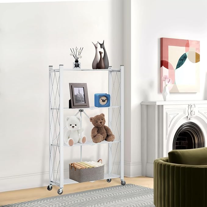 4-Tier Folding Shelf with Wheels No Assembly Portable Shelves | Folding Shelf Loads 600 LBS,Metal Steel Collapsible Shelves, Rolling Standing Utility Rack for Kitchen, Pantry, Office, White - Image 9
