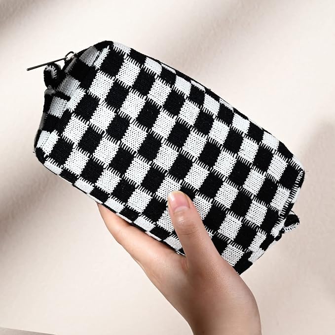 SOIDRAM 2 Pieces Black Makeup Bag Large Checkered Cosmetic Bag Capacity Canvas Mix Travel Toiletry Bag Organizer Cute Makeup Brushes Aesthetic Accessories Storage Bag for Women, Checkered Mix Black - Image 5
