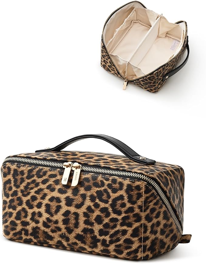 EACHY Travel Makeup Bag for Women, Flat Open Leopard Print Cosmetic Bag | Leopard-print PU leather cosmetic bag opens flat with dividers and clear TPU brush pocket for makeup and travel essentials - Image 6