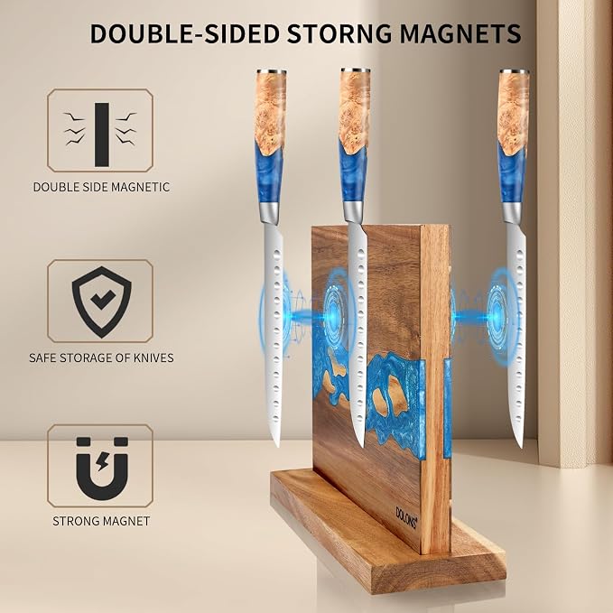 Magnetic Knife Block,Acacia Wood And Resin Kitchen Magnetic Knife Holder，Equipped with strong magnets,Multifunctional Double Side Knife Storage Organizer for Kitchen Counter ，Gifts for new home - Image 4