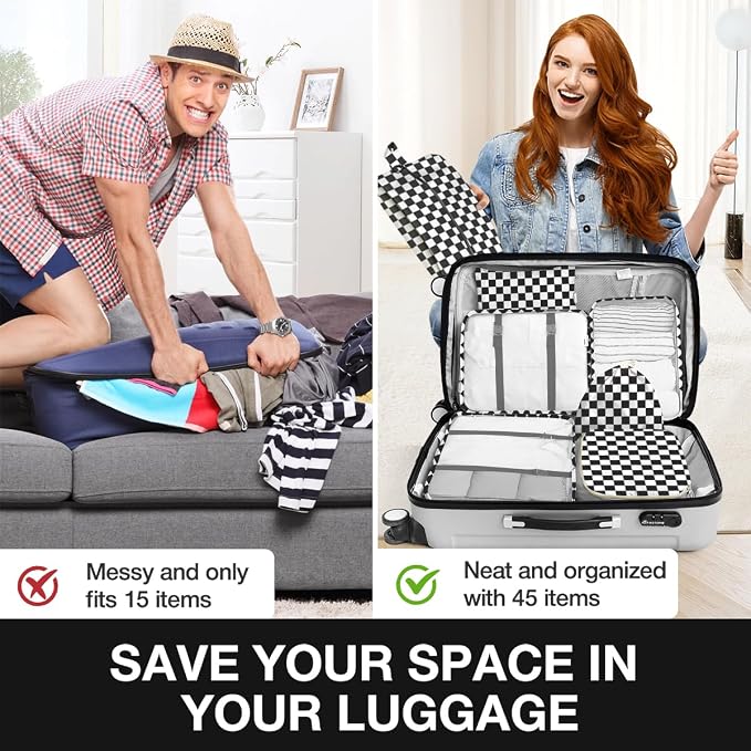 8 Set Packing Cubes for Suitcases,Packing Cube with Shoe, Cosmetics, Clothing, and Accessories Bags Packing Cubes for Travel Luggage Organizer Women Men(Black White Checkered) - Image 6