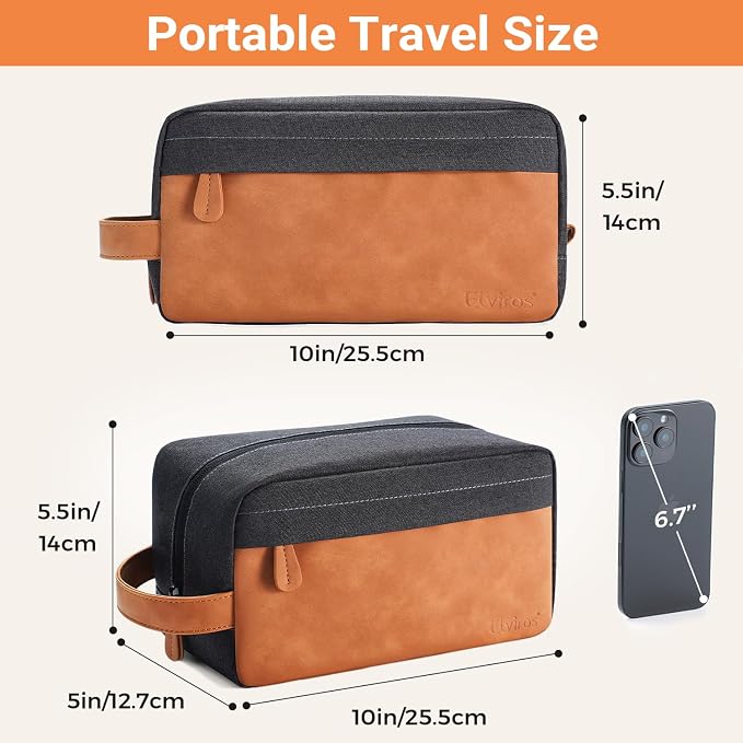 Elviros Travel Toiletry Bag for Men, Hanging Shaving Dopp Kit PU Leather Small Pouch Water Repellent Travel Essentials Organizer Gift for Dad, Black - Image 3