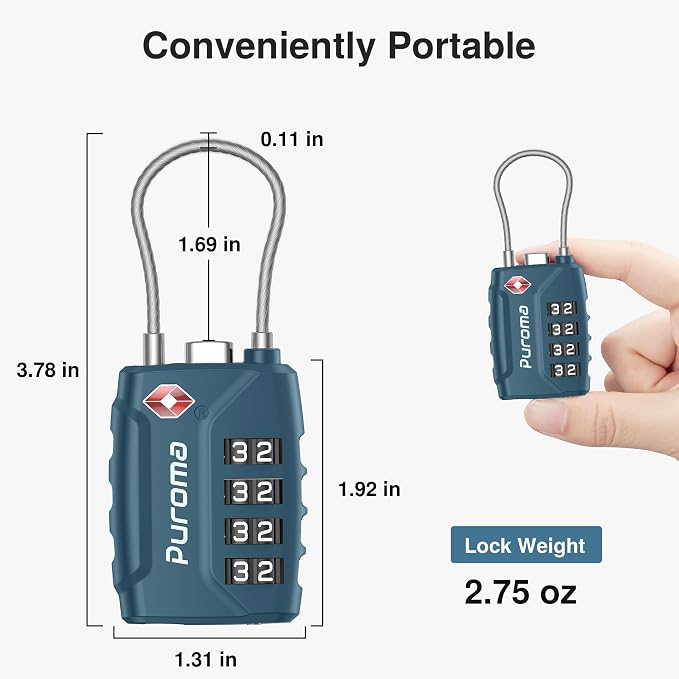 Puroma 2 TSA Approved Luggage Locks 4 Digit Code Cable Lock Blue Peacock | Resettable, Flexible Cable, Zipper holes, Zinc Alloy, Bright Color, Large White Numbers, Suitcase Train Travel, laptop bag - Image 3