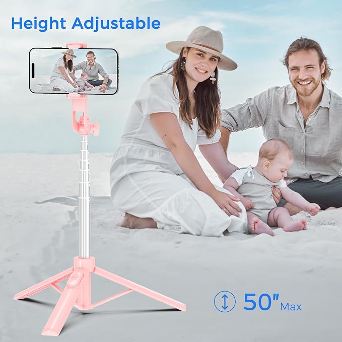 Selfie Stick Tripod for Phone with Remote Control & Holder, 50 Inch, Pink | Extendable Selfie Stick Travel for iPhone, iPhone Tripod for Video Recording - Image 3