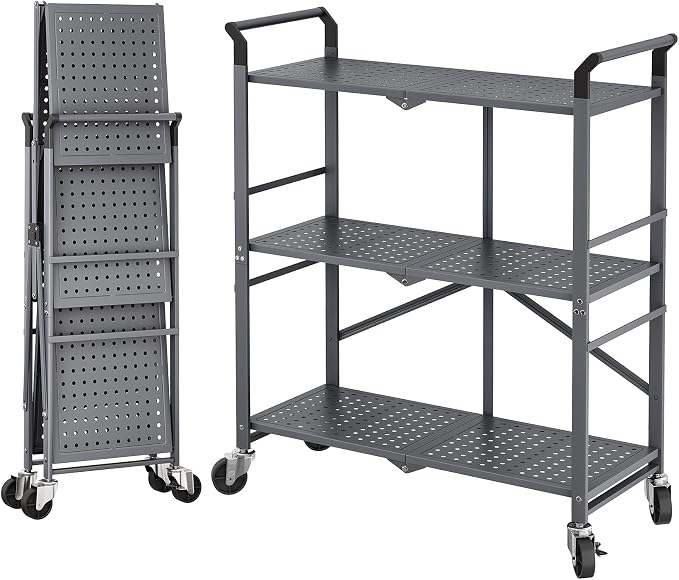 SNTD 3 Tier Rolling Cart, Metal Utility Cart on Wheels, Grey | Foldable Cart with wheels, Lockable Casters, Storage Cart for Kitchen, Office and Garage, Easy and Quick Assembly by SNTD