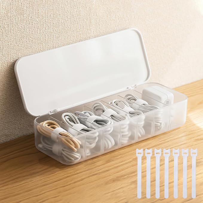 PAVSTINE Cable Organizer Storage Box with Lid, 7 Wire Ties, White | Adjustable Dividers, Holds Power Cords & Charger, Dust-Proof, Desktop Accessories & Stationery Supplies for Home & Office by PAVSTINE