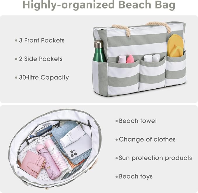 Becokan Beach Bags for Women Canvas Large Beach Tote Bag Zipper Waterproof Sandproof Foldable Swim Pool Bag with 7 Pockets - Image 7