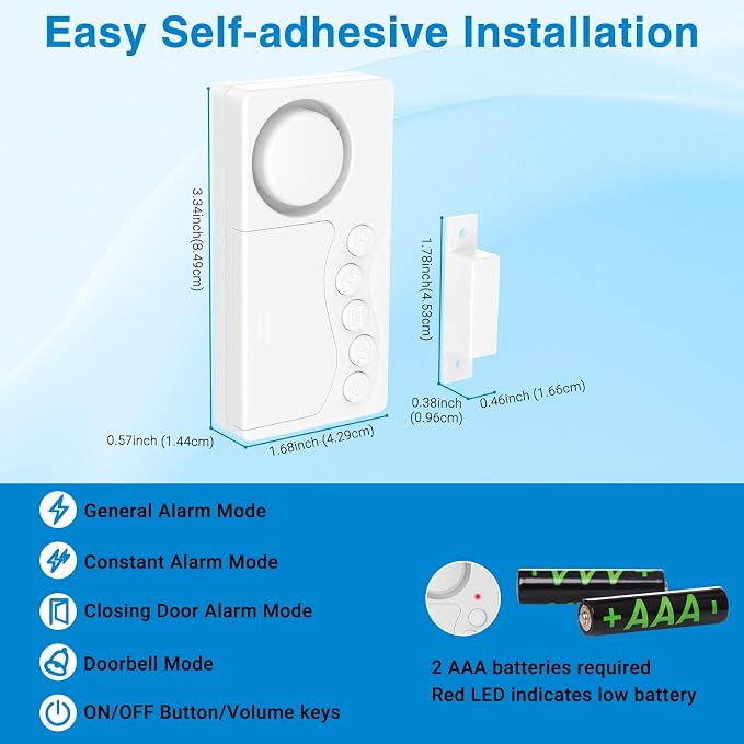 Greencycle Freezer Door Alarm (3/15/30/60S Delay), Door Alarms for Home Security Kids Safety, Close Doors Reminder 108dB Loud, 4Modes, 3 Adjustable Volume for Home, Business, Office, Gate, Shop, 2PK - Image 7