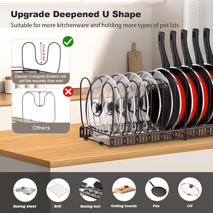 Housolution Pot and Pan Lid Organizer Holder Storage Rack, Bronze | 12"-23" Expandable, 14 Adjustable Dividers, Sturdy Metal Construction, Easy Assembly - Image 2