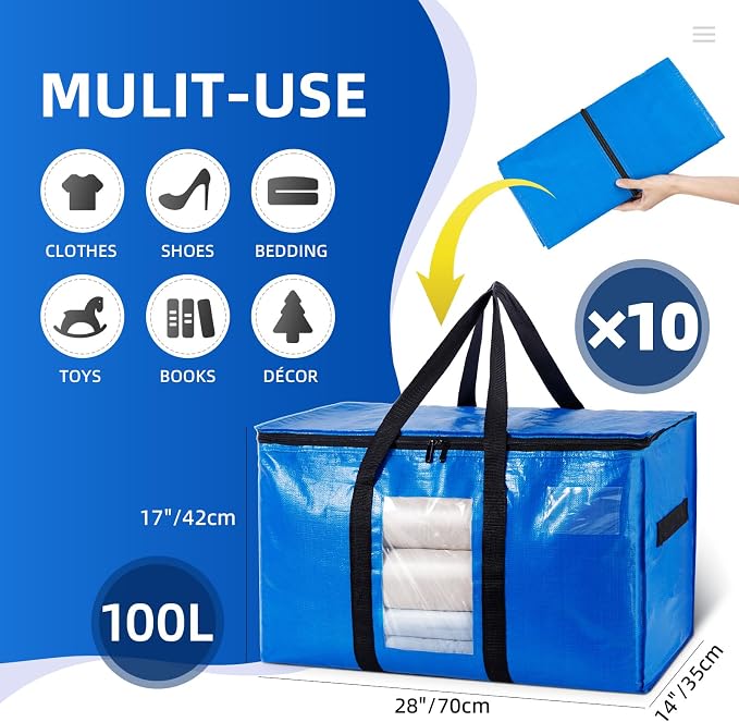 TAILI 10 Pack Blue Extra Large Moving Bags,Storage Bag with Visible Window | 93L Heavy Duty Totes For Storage,Wrap Around Handles,Alternative to Moving Boxes, College Dorm,Perfect for Moving - Image 6