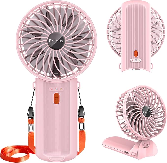 Portable Fan Handheld Fan, Mini Hand Held Fan, 6-15H Cooling Small Personal Fan, 180° Foldable Mini Desk Fan with 4 Quiet Speed, Neck Fan w/Lanyard for Kids Women Men Travel Outdoor Office, Pink by Enituo