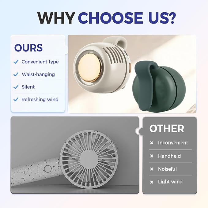 Portable Bladeless Fan, 3 Speed Silent Mini Whirlwind Fan, Hands-Free Wearable with Waist Clip for Office/Travel/Outdoor, USB Rechargeable Personal Cooling (Green) - Image 8