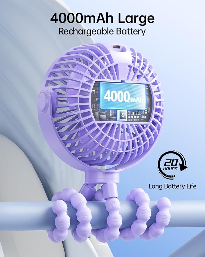 SWEETFULL Portable Stroller Fan with LED Display, 4 Speed Rechargeable Mini Clip On Fan, Built-in Non-Removable Rechargeable Battery,Sealed housing - Image 4