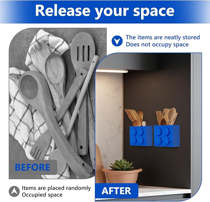 Magnetic Basket Organizer for Fridge - Lego-Style ABS Plastic Storage Box,No Drill Design for Kitchen Counter, Microwave & Whiteboard, Holds Up to 3.5 lbs (Blue) - Image 8