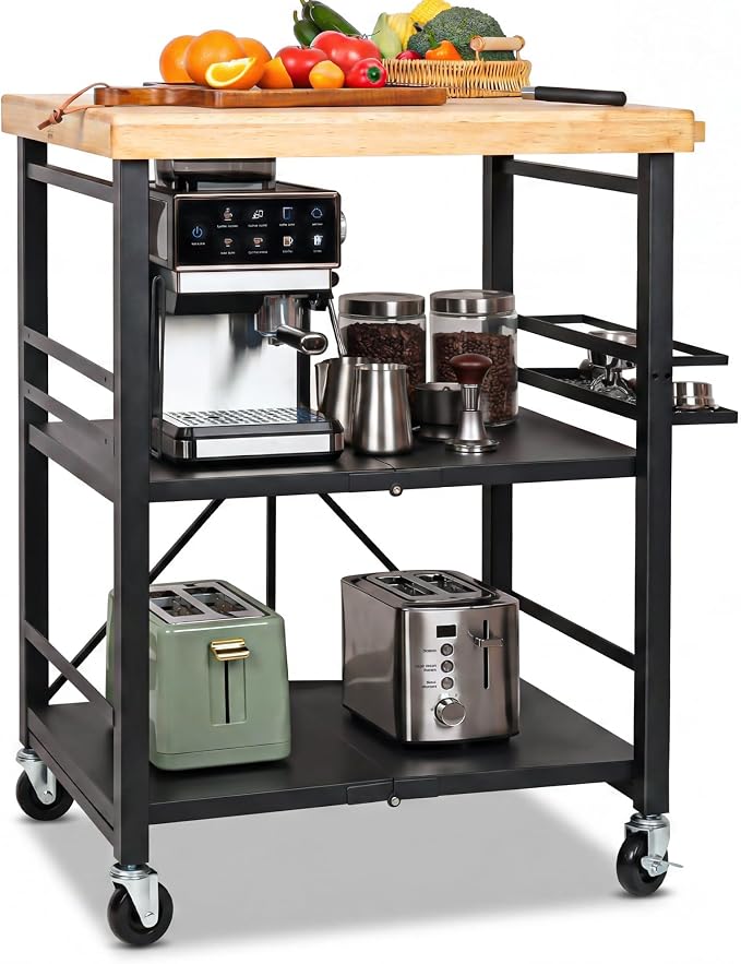 Mythinglogic Foldable Kitchen Cart with Wheels, Rolling Kitchen Island with Wood Top, 3-Tier Microwave Stand Coffee Bar Cart with Side Storage Rack, Black by Mythinglogic