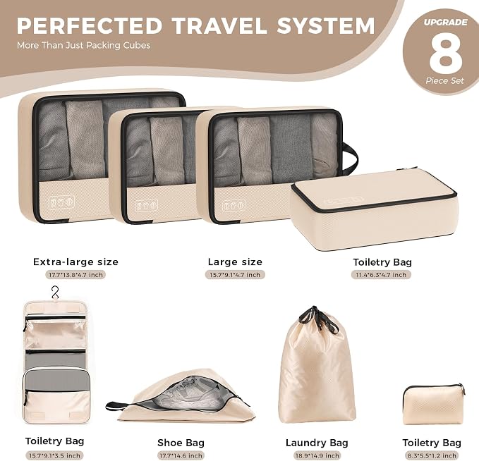 8-Piece Compression Packing Cubes for Travel, Luggage Organizer Sets | Ultralight Aesthetic Packing Cubes with Space Save & Double Zipper for Carry-On & Suitcase, Travel Essentials- Beige - Image 4