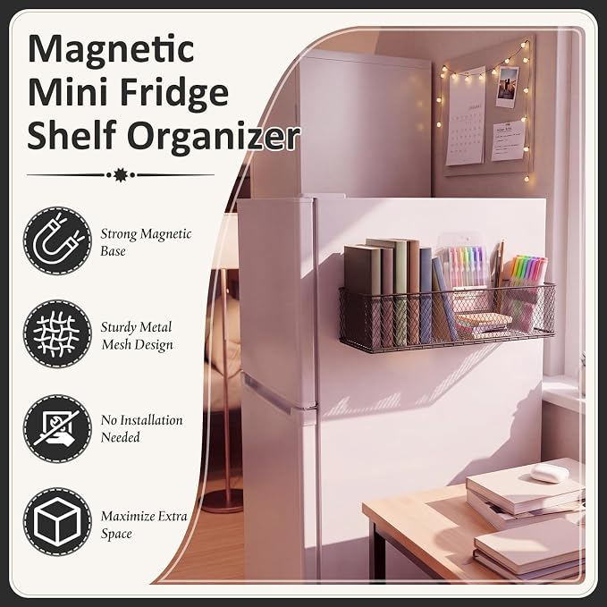 FoldTier 1 Pack Black Magnetic Basket Dorm Mini Fridge Shelf Organizer Kitchen Storage Bin Container Spice Holder for Locker Refrigerator Pantry Dorm Essentials (13.8 x 3.1 x 4.9 Inch) - Image 3