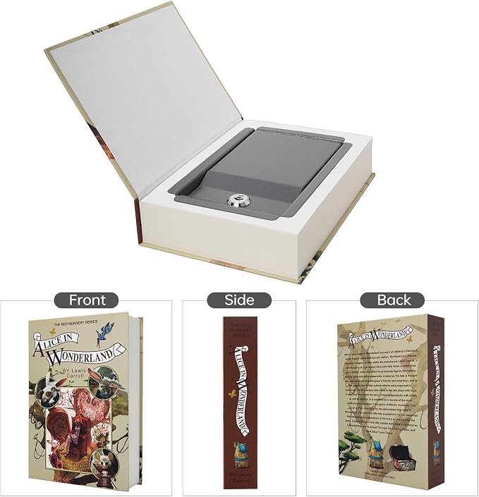 Real Paper Transfer Book Safe, Hollow with Secret Hidden Compartment, Key Lock, 8.7"×6"×2" (Alice-Key) - Image 3