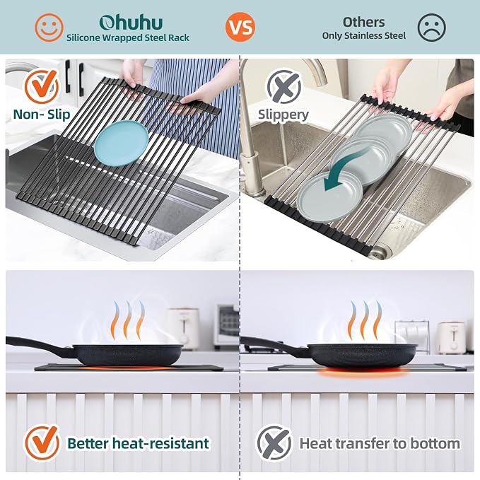 Ohuhu Over The Sink Dish Drainer Drying Rack, 17.6" W x 15.4" L Roll Up Dish Racks Kitchen Sink Organizer Silicone Wrapped Large in Sink Dish Drying Rack Foldable Rolling Drain Mats Anti-Slip - Image 4