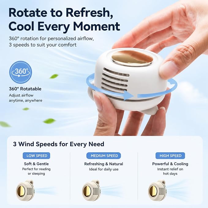 Portable Clip-on Fan Silent Bladeless Mini Fan | 360°Rotation 3-speed Modes Whirlwind Waist Clips Fans Hands-Free Cooling Fan Outdoor Trip Work Travel White - Image 2