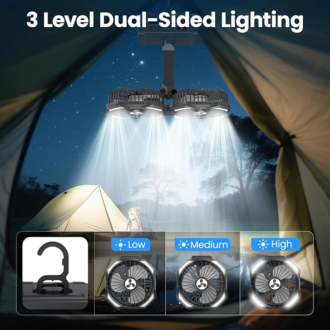 Dual Head Portable Rechargeable Fan 20000mAh Battery Powered Fan Cordless | with Dual Side LED Lantern & Remote, Auto Oscillation, Hook, Battery Operated for Tent Office Travel Camping Picnic - Image 4
