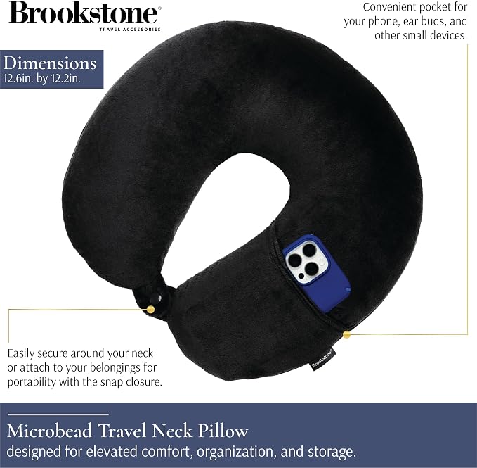 Brookstone Microbead Neck Pillow Soft Travel Pillow with Phone Pocket | Millions of Tiny Beads Flex to Your Shape for Custom Support, Dual-Sided Fleece and Cool Microfiber Sides Suit Any Season - Image 2