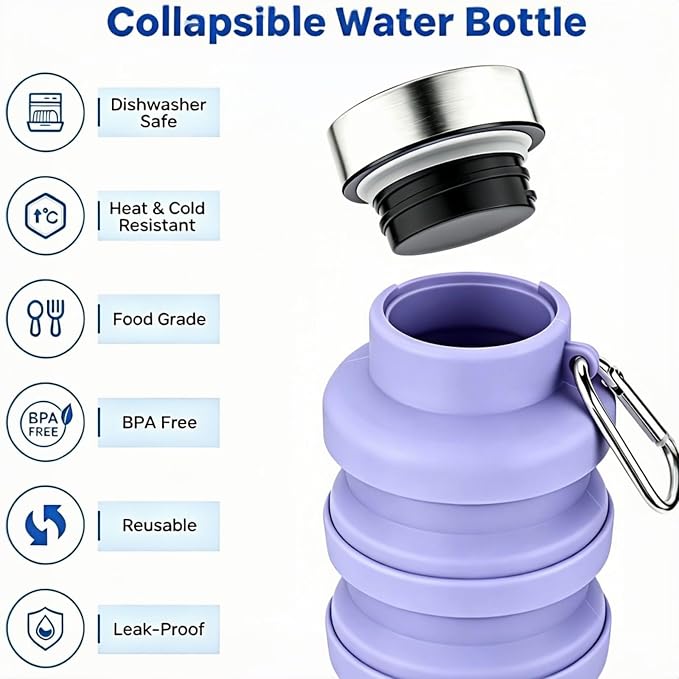 YCT Collapsible Water Bottle 17oz（500ml），Travel Portable Sport Water Bottle，Reusable Silicone Foldable Water Bottles for Gym Camping Hiking (Black) - Image 4