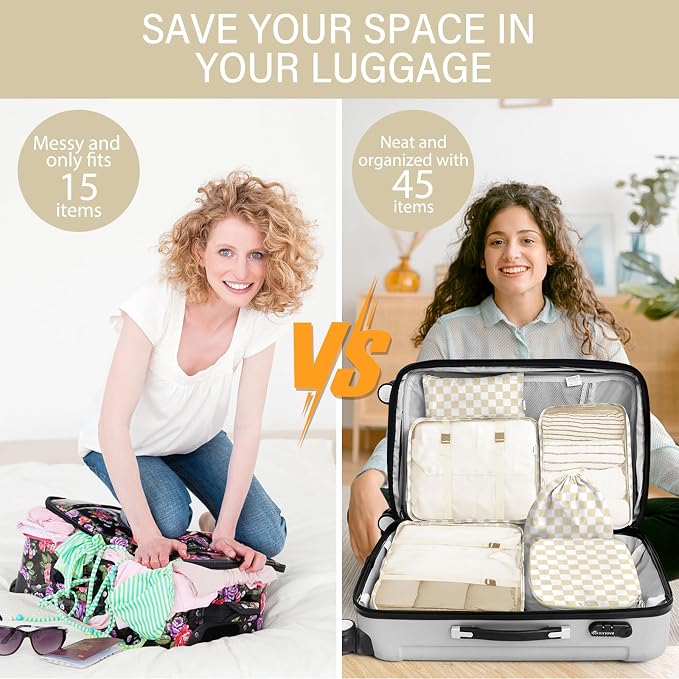 8 Set Packing Cubes for Travel, Luggage Packing Organizers Accessories Large Toiletries Bag for Clothes Shoes Cosmetics (Khaki Checkered) - Image 5