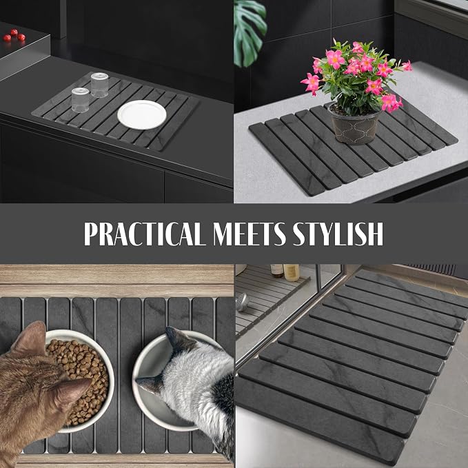 2 PCS Large Stone Dish Drying Mat for Kitchen Counter, 24"×16" Marble Dish Drying Mat with 8"x 4" Coasters, Non - Slip Collapsible Absorbent Mat for Multi - Purpose, Match Any Countertop - Grey - Image 7