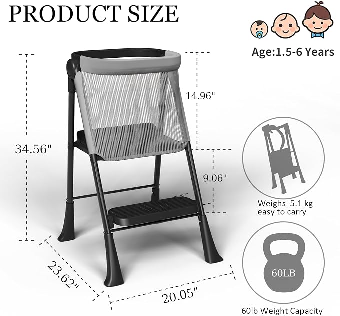 Toddler Tower Foldable, Foldable Toddler Standing Tower for Bathroom Sink or Kitchen Counter with Safety Net, Suitable for 1-6 Years，Black-White - Image 2