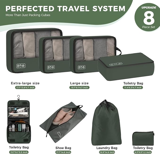 8-Piece Compression Packing Cubes for Travel, Organize Travel Essentials | Trendy Luggage Organizer Set for Young Travelers, Space-save for Carry-On, Suitcase, Vacation & Weekend Trips - Avocado Green - Image 4