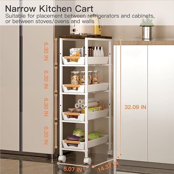 5 Tier Slim Storage Cart Metal Gap Filler with Wood Top White | Slim rolling cart fits 8" laundry gaps. Features a solid wood top for heavy detergents and breathable PP mesh drawers - Image 4