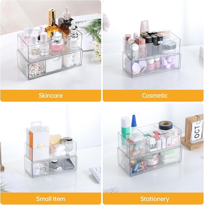 PAVSTINE Medicine Cabinet Organizer 2 Pack, Stackable Storage Drawers with Removable Divider, Make Up Organizer for Bathroom Mirror Cabinets, Vanity, Closet, Countertop - Clear - Image 6