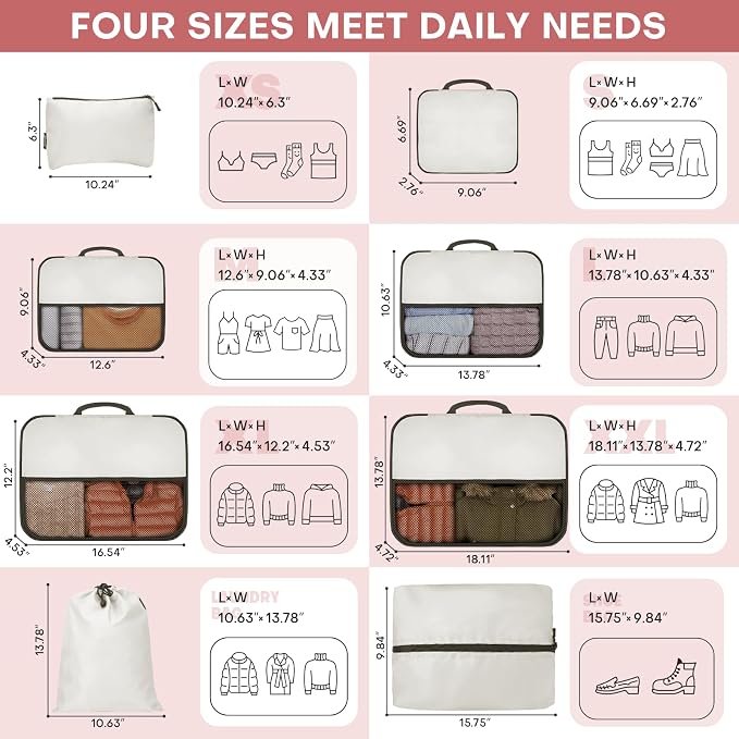 SDGFUI 8 PCS Compression Packing Cubes for Travel Women, Compression Bags Organizer for Luggage Space Saving Travel Essentials and Carry on, Luggage Organizer Bags for Suitcase - Beige - Image 2
