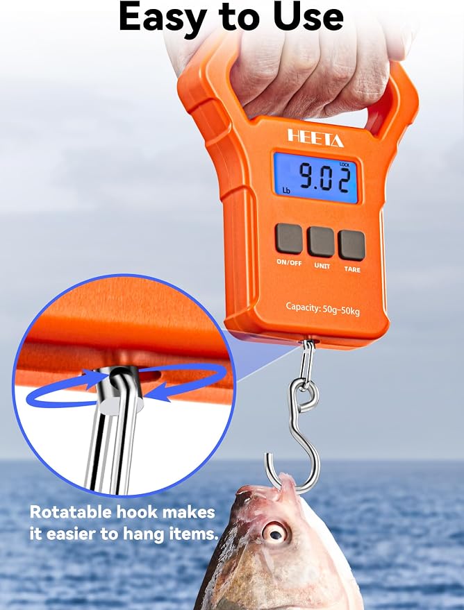 HEETA Fish Scale 110lb/50kg Digital Hanging Fishing Luggage Weight Scale | Portable with Backlit LCD Display, Hook & Non-Slip Large ABS Handle, Fishing Gifts Gear for Men, 2 AAA Batteries Included - Image 6