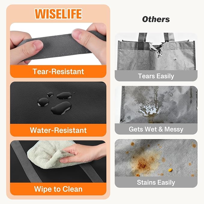 WISELIFE Reusable Grocery Bags with Handles, Foldable, 35L, 10 Pack, Black | Large Shopping Bags with Reinforced Stitching, Water-Resistant Grocery Totes for Kitchen, Market, Car Trunk, Picnic - Image 2