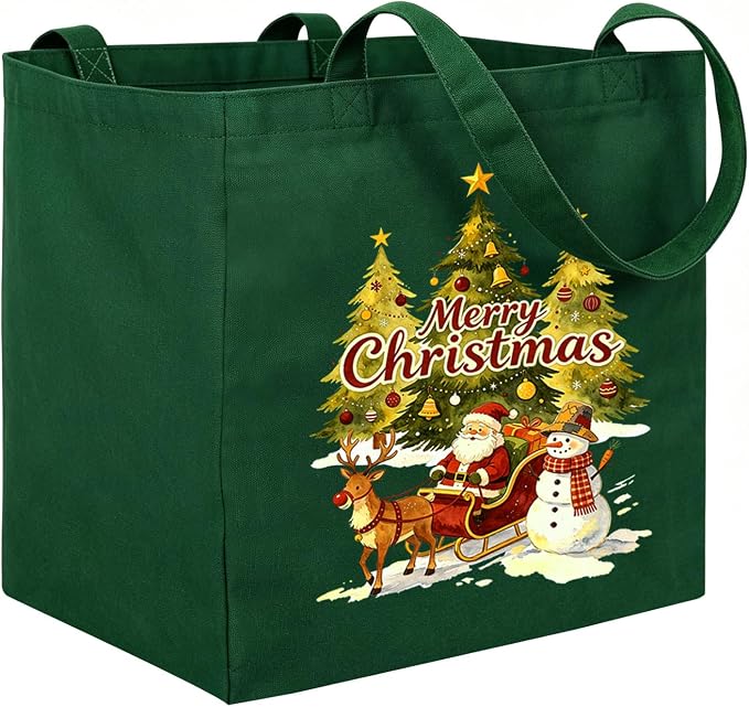 Christmas Canvas Tote Bags with Handles, Large Merry Christmas Shopping Bag | 14.6 x 10.2 x 13 in Holds 60 lbs Reusable Gift Bags for Christmas / Holiday / Party / Kid, Green 1-Pack by CNaiyunpin