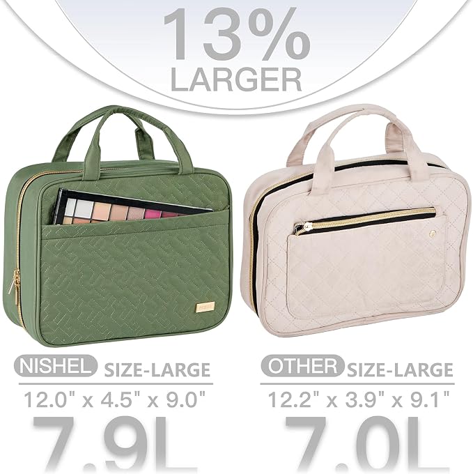 NISHEL Travel Toiletry Bag for women, Portable Hanging makeup Organizer | for Travel-Sized Shampoo, Conditioner, Brushes Set, makeup Accessories, Medium Size, Large Size, Bronze Green - Image 3