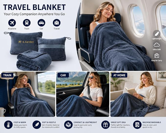 Travel Throw Blanket and Pillow- Soft 2 in 1 | Airplane Compact Flight Essentials Car Pillow Travelers Gifts Accessories Grey - Image 4