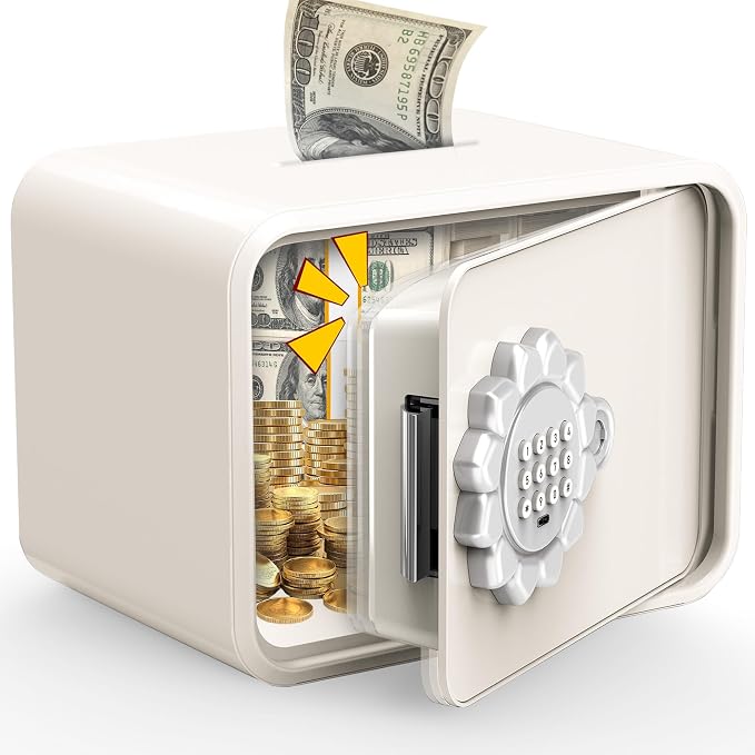 Mini Safe Box, Small Digital Security Safe Box with Keypad Lock, Small Safes for Kids with Auto Door/Coin & Bill Slot – for Cash, Jewelry & Valuables, Home/Office/Hotel Use, 6.5"D×9.3"W×7.1"H (White) by Unknown