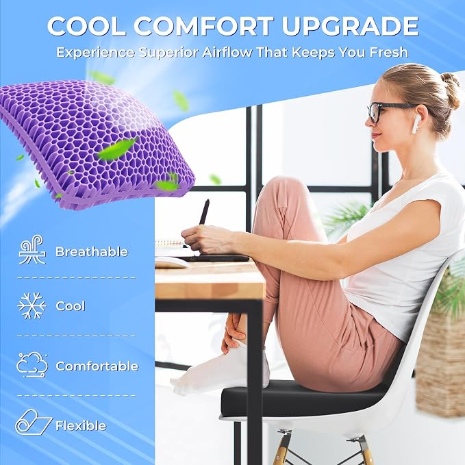 TushGuard Gel Seat Cushion for Long Sitting, Breathable Thick Patent Design | Enlarged Cooling Chair Pad for Office Chair, Wheelchair, Desk Chair, Supportive Car Cushion (2"Thick, Black+Violet) - Image 2